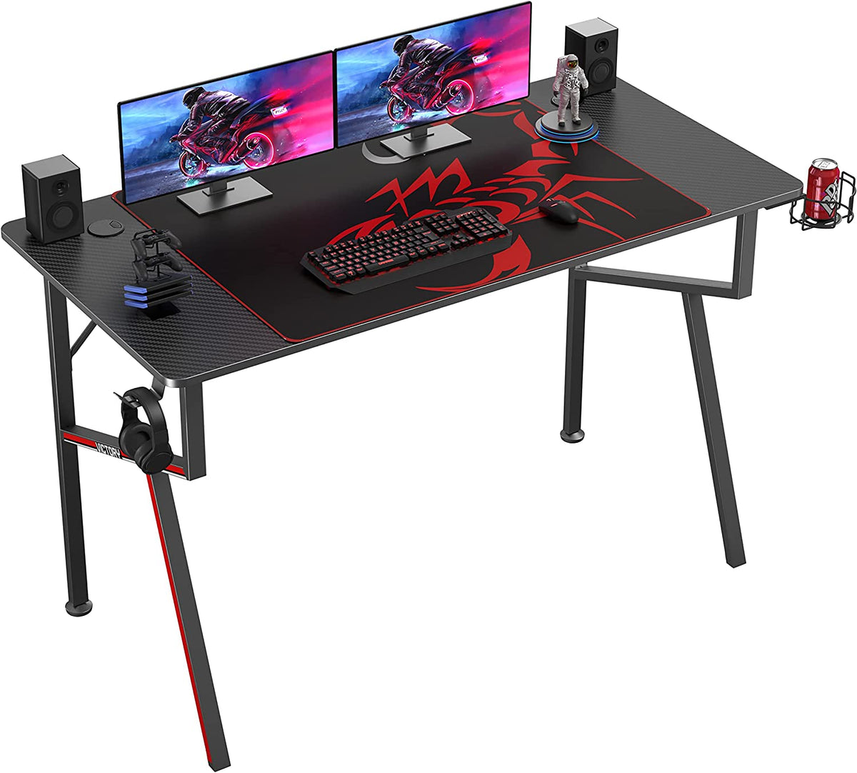 Gaming Desk 47 Inch, K Shaped Home Office PC Computer Desk Table for Gamer with Cable Management, Game Controller Stand, Cup Holder, Headphone Hook, Free Mouse Pad, Carbon Fiber Black